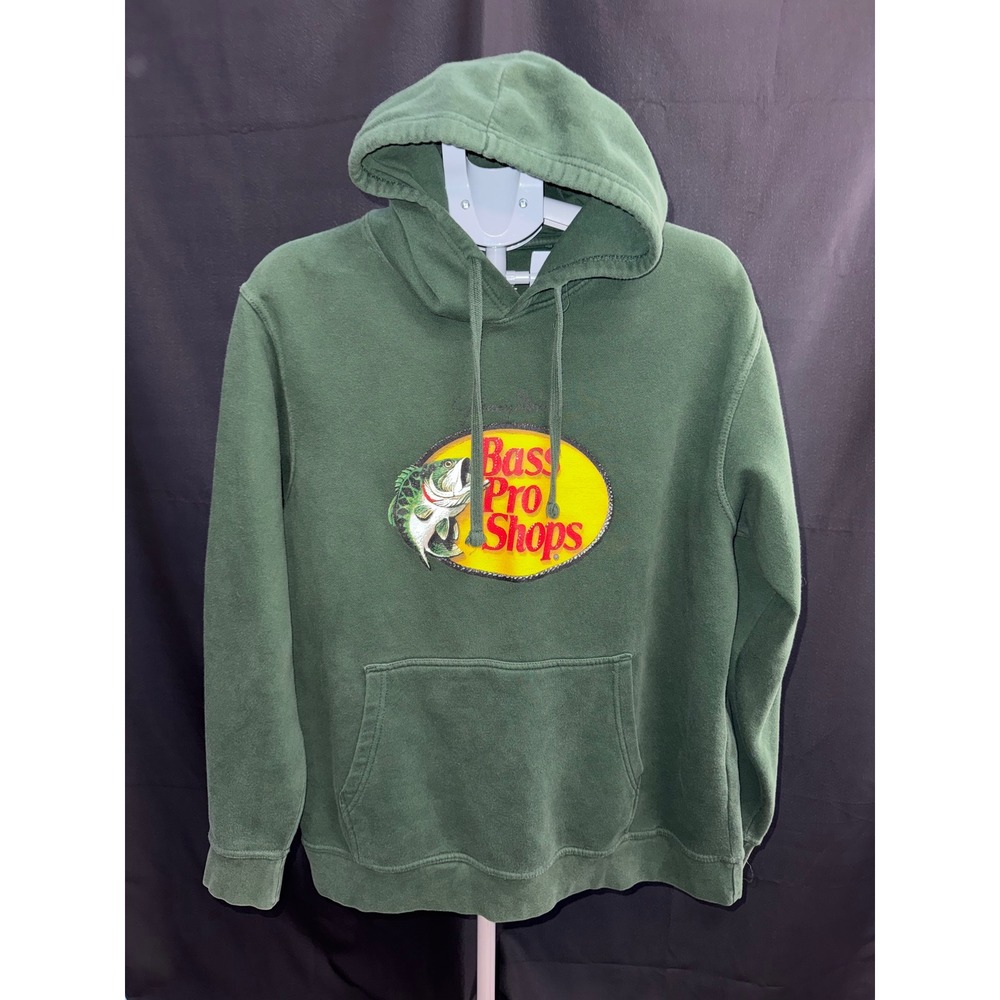 Bass Pro Shops Mens Large Green Graphic Hoodie Johnny Morris‎ Logo Pullover L